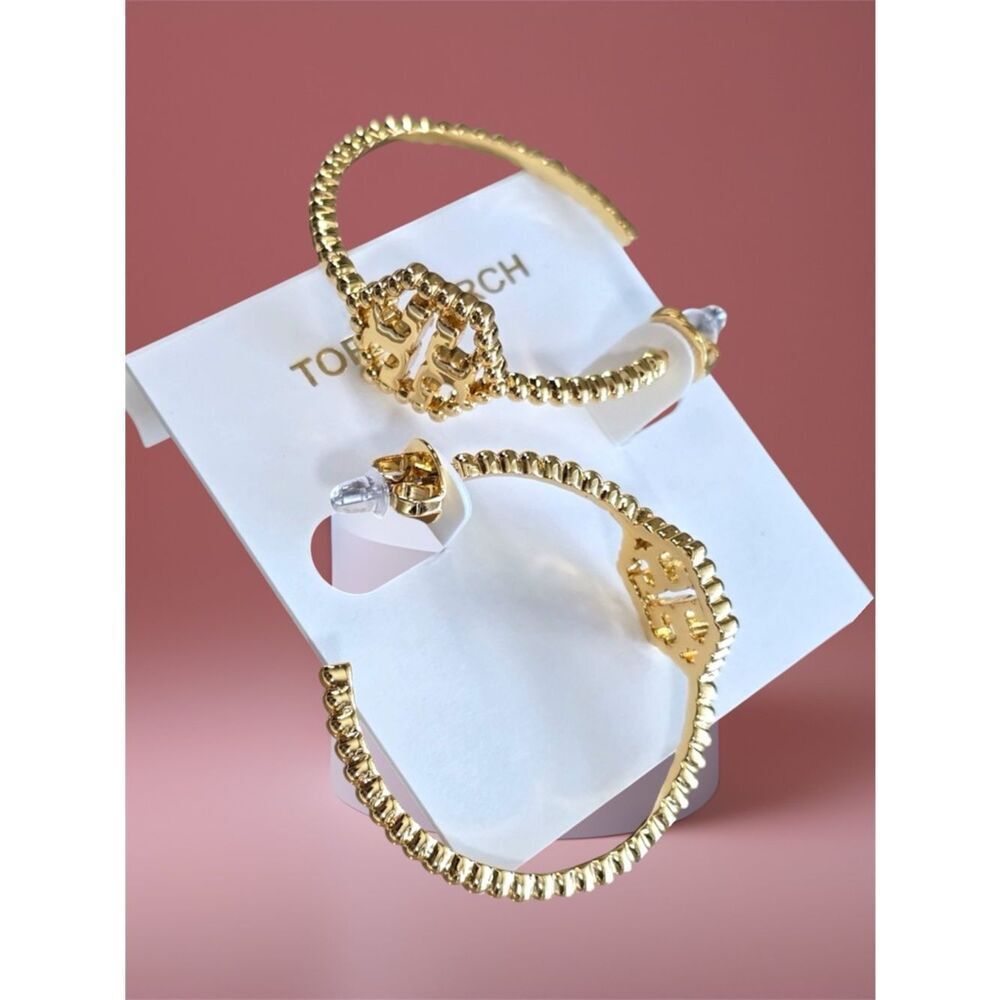 TORY BURCH MILGRAIN HEX HOOP EARRINGS GOLD TONE